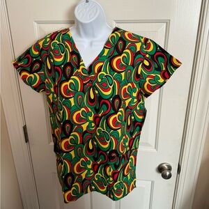 Scrub top SML African print Doctor Nurse Aid GREEN BLACK RED paisley gift NWT